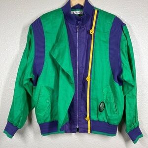 Vintage Pia Rucci Bomber Jacket Colorful Green Purple Sporty Full Zip Size Large